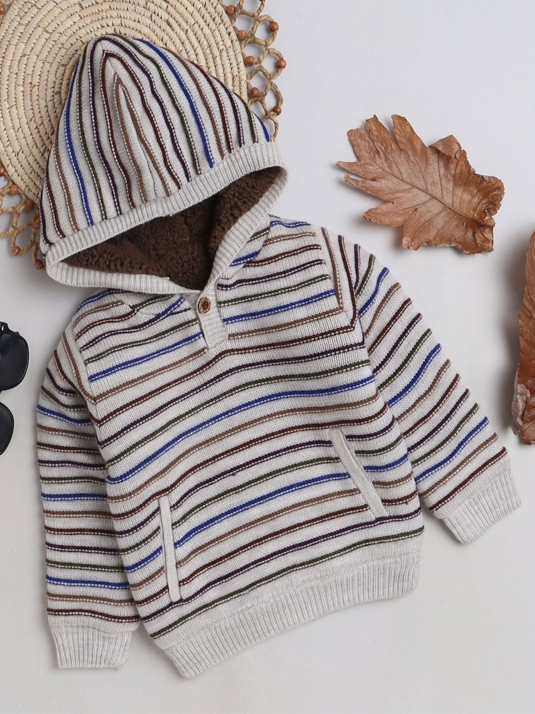 

Yellow Apple Boys Striped Hooded Woollen Sweaters, Cream