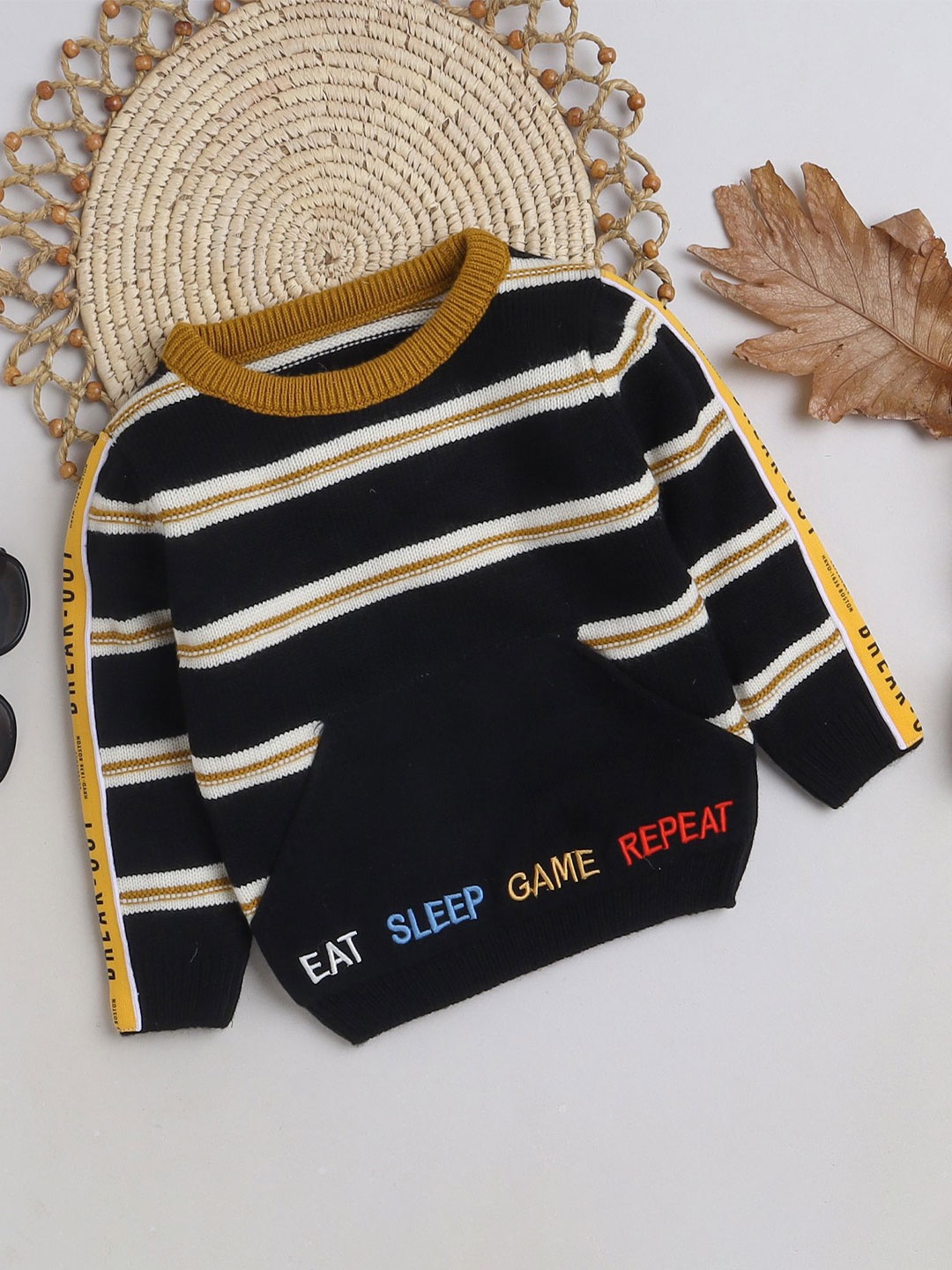 

Yellow Apple Boys Striped Woollen Warm Pullover, Black