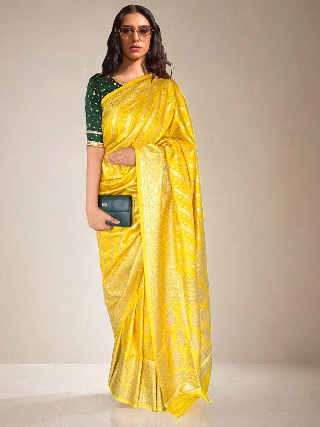 

NK Textiles Woven Design Zari Bandhani Saree, Yellow