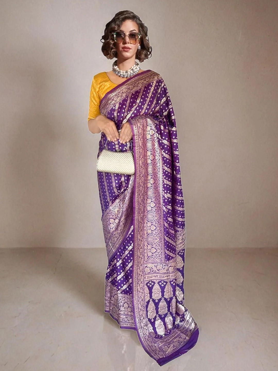 

NK Textiles Woven Design Zari Bandhani Saree, Purple
