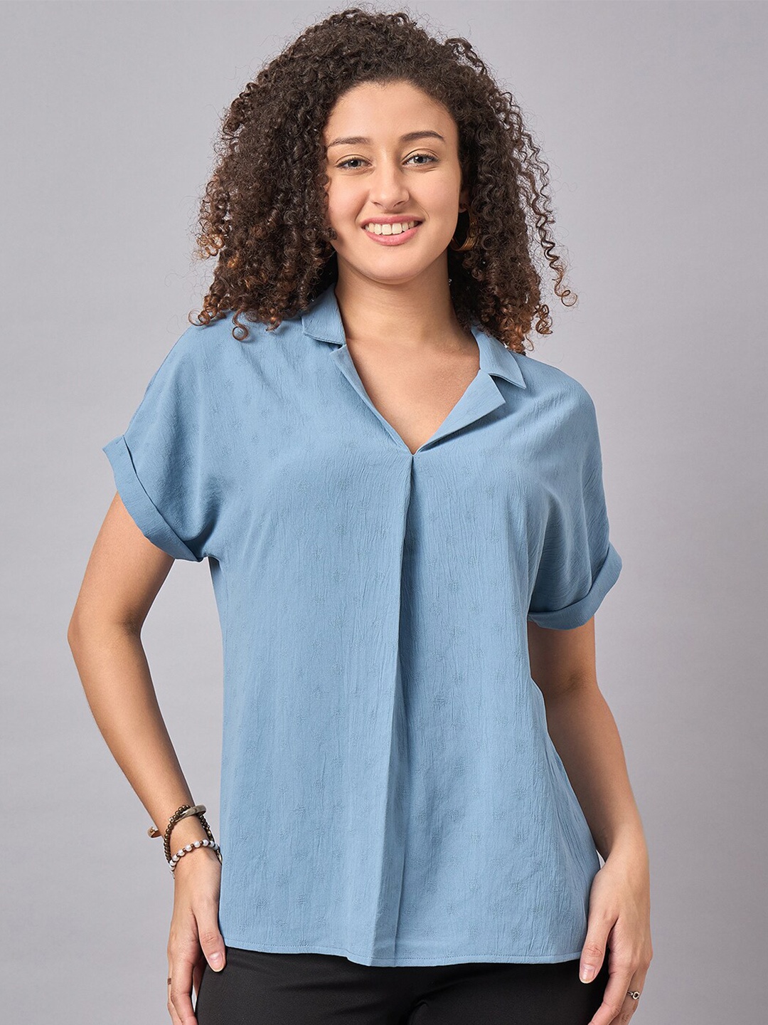 

STYLE BLUSH Abstract Printed Extended Sleeves Shirt Style Top, Blue
