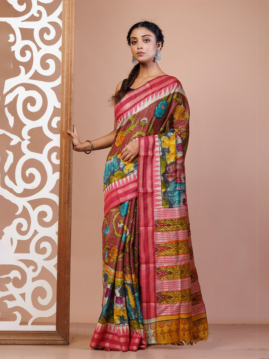 

Unnati Silks Ethnic Motifs Pure Silk Handloom Tussar Saree, Rust