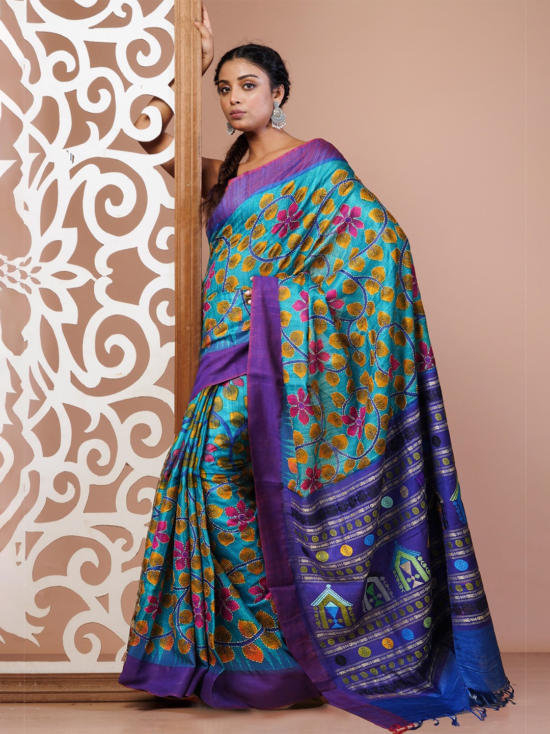 

Unnati Silks Floral Kantha Work Pure Silk Handloom Tussar Saree, Blue