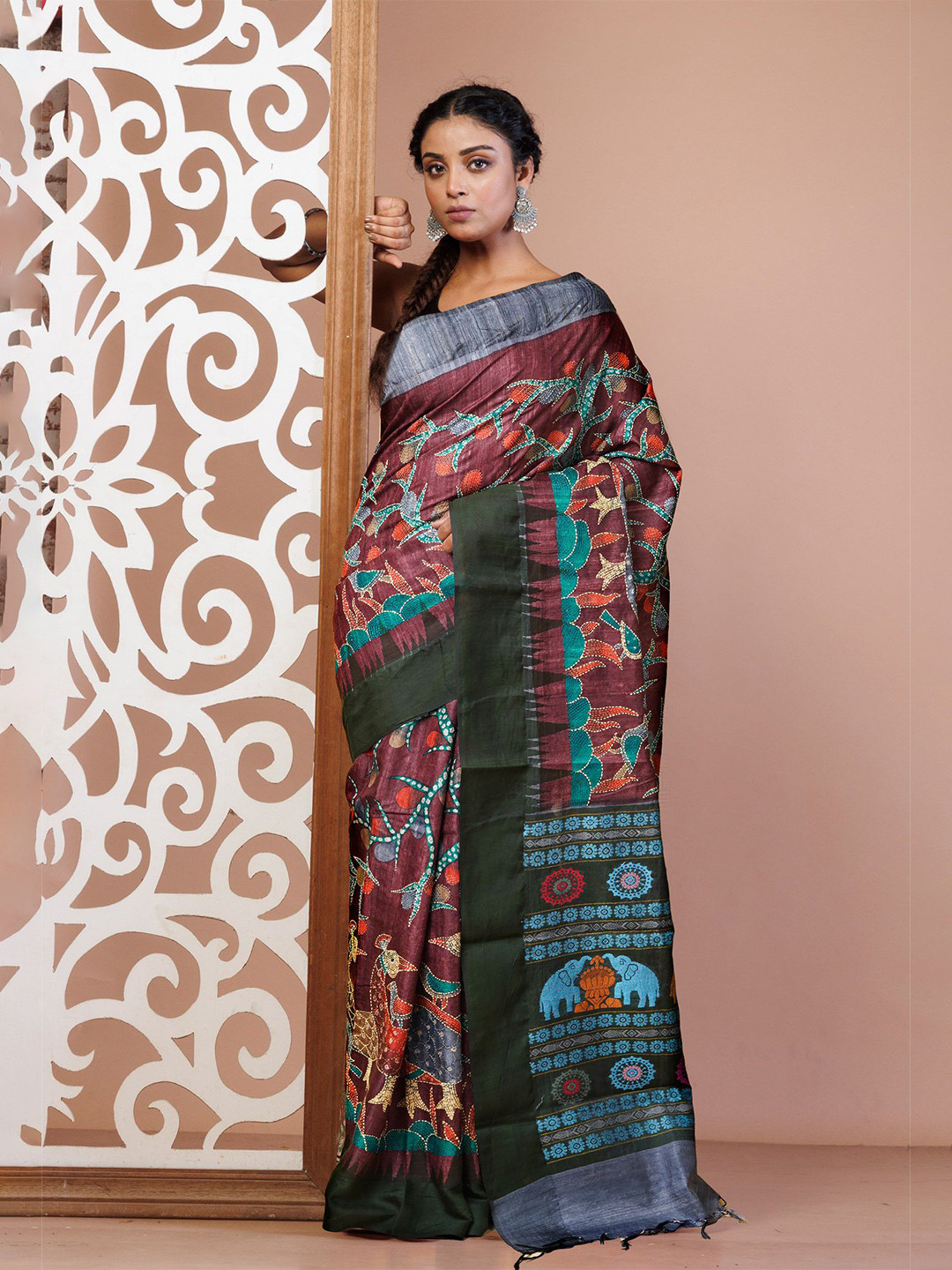 

Unnati Silks Floral Kantha Work Pure Silk Handloom Tussar Saree, Burgundy