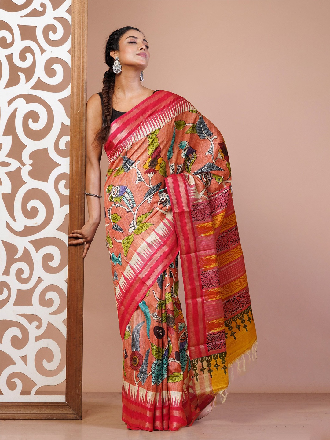 

Unnati Silks Ethnic Motifs Pure Silk Handloom Tussar Saree, Peach