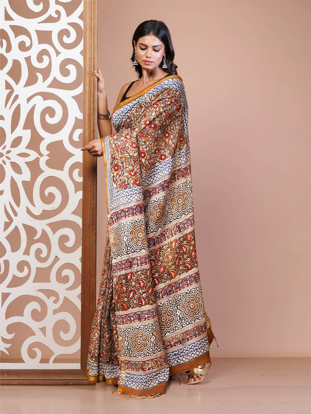 

Unnati Silks Handloom Bagru Saree, Brown