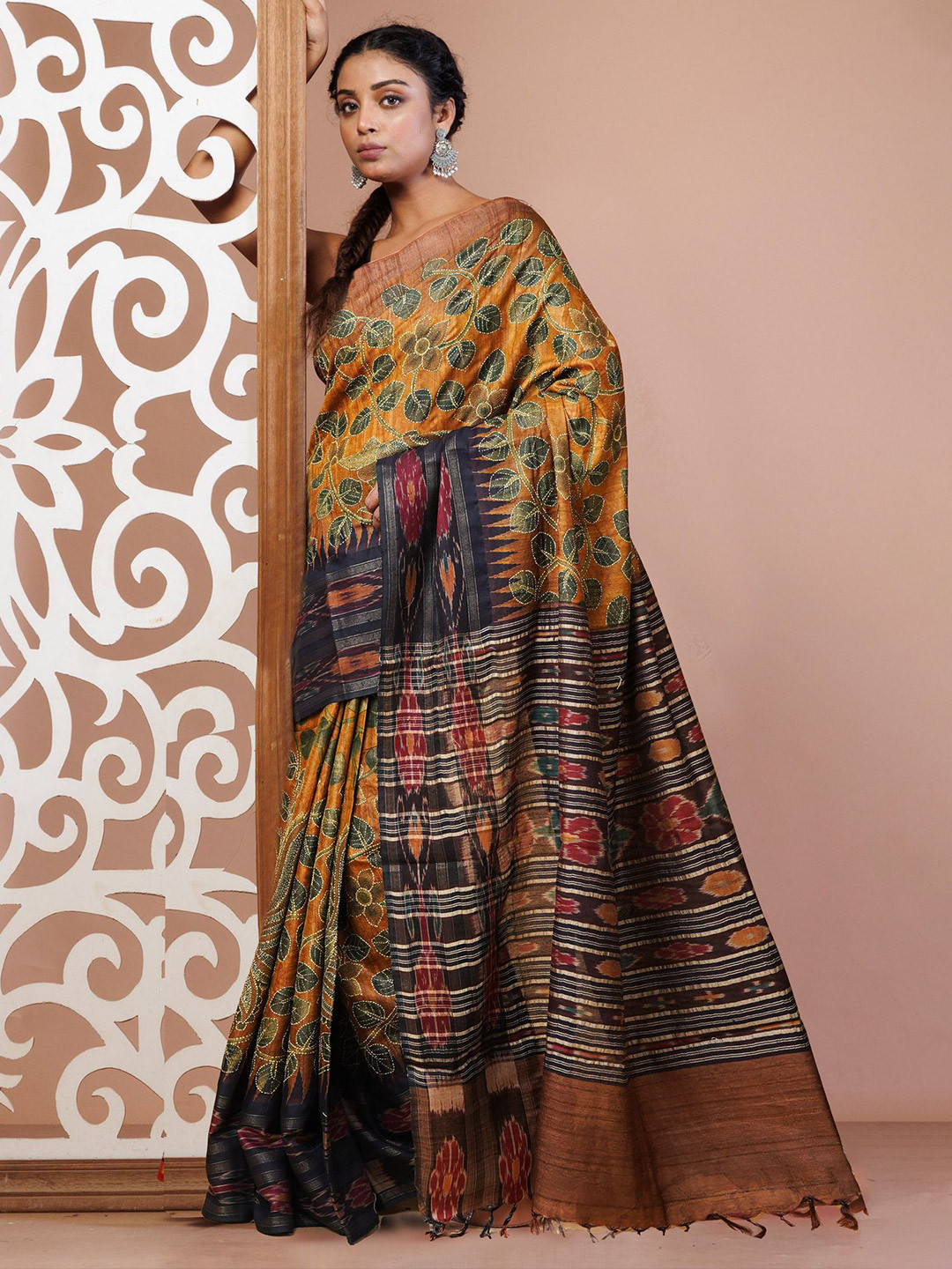 

Unnati Silks Ethnic Motifs Kantha Work Pure Silk Handloom Tussar Saree, Yellow