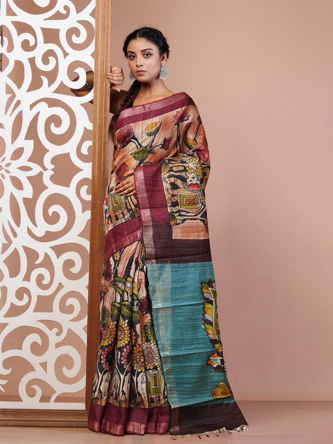 

Unnati Silks Ethnic Motifs Zari Pure Silk Handloom Tussar Saree, Brown