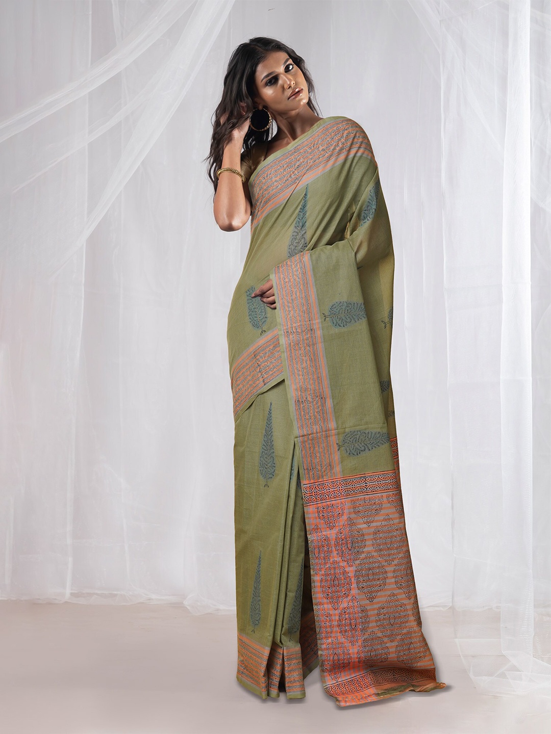 

Unnati Silks Ethnic Motifs Pure Cotton Handloom Mangalagiri Saree, Green