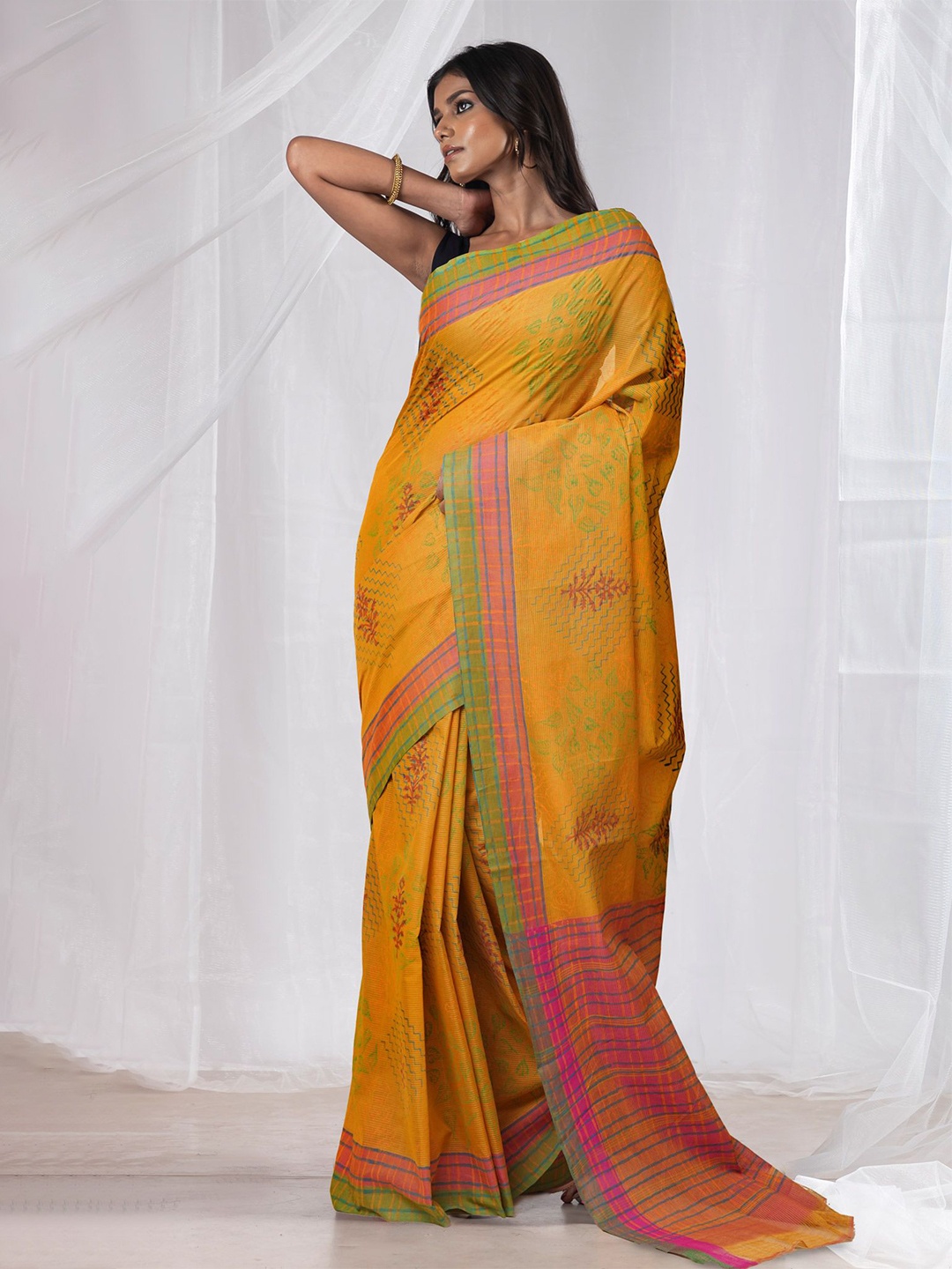 

Unnati Silks Ethnic Motifs Pure Cotton Handloom Mangalagiri Saree, Yellow