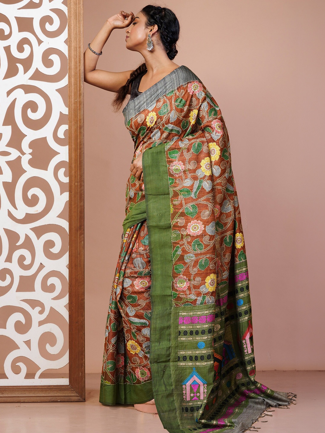 

Unnati Silks Floral Kantha Work Pure Silk Handloom Tussar Saree, Rust