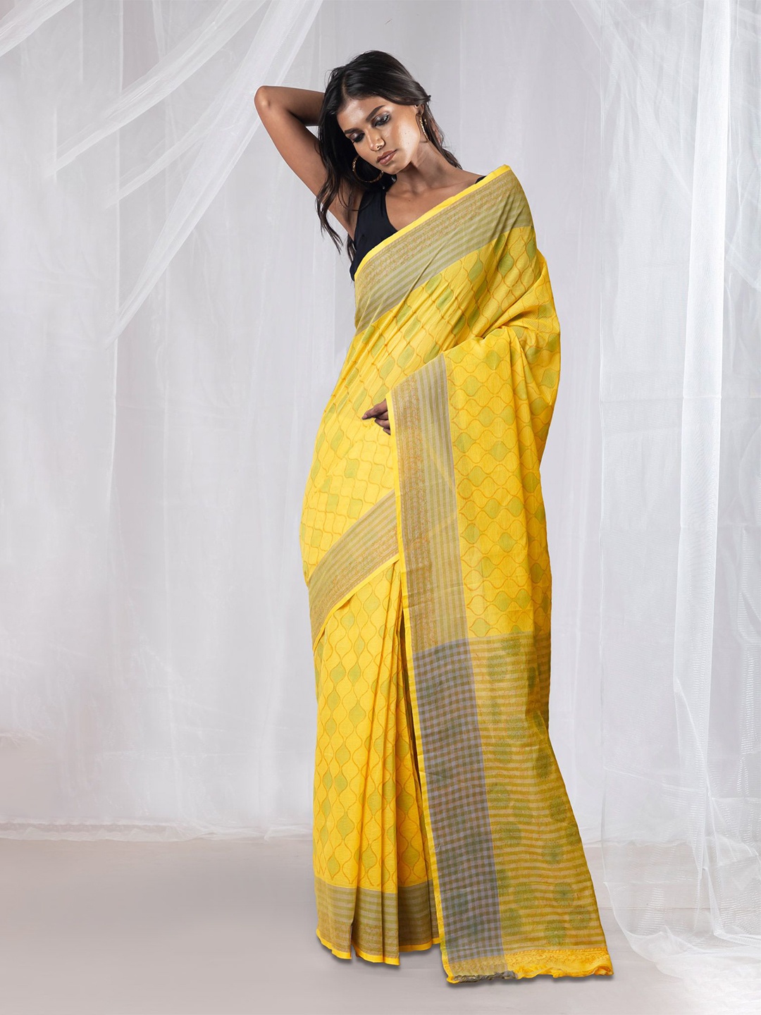 

Unnati Silks Ethnic Motifs Pure Cotton Handloom Mangalagiri Saree, Yellow