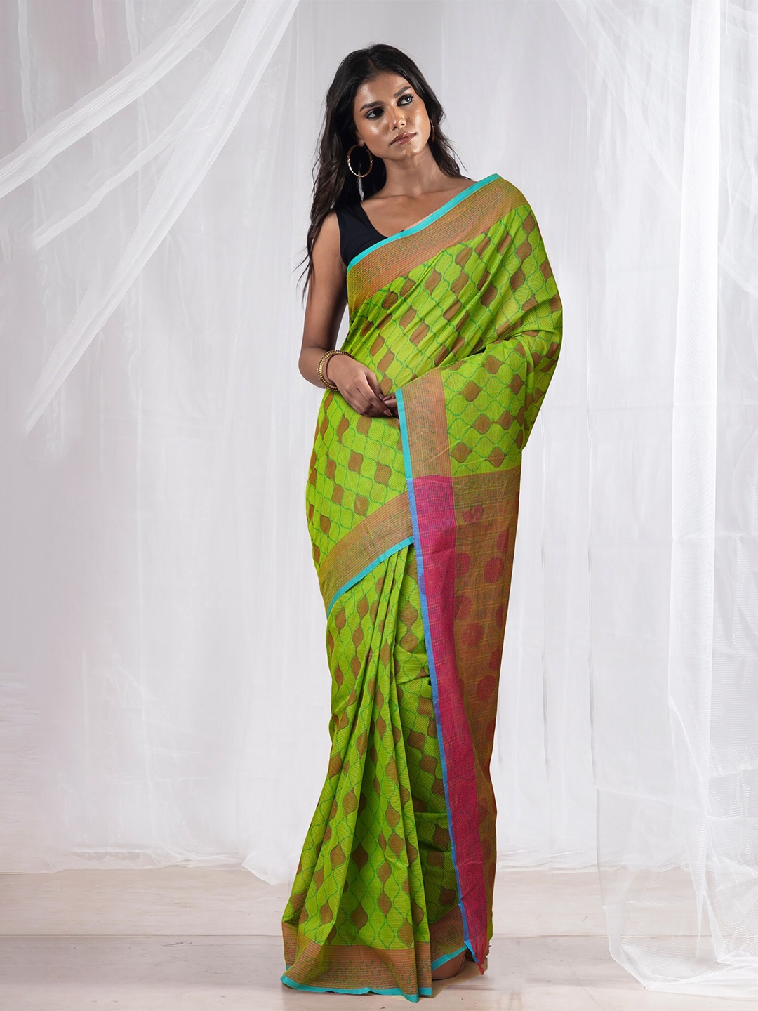 

Unnati Silks Ethnic Motifs Pure Cotton Handloom Mangalagiri Saree, Green