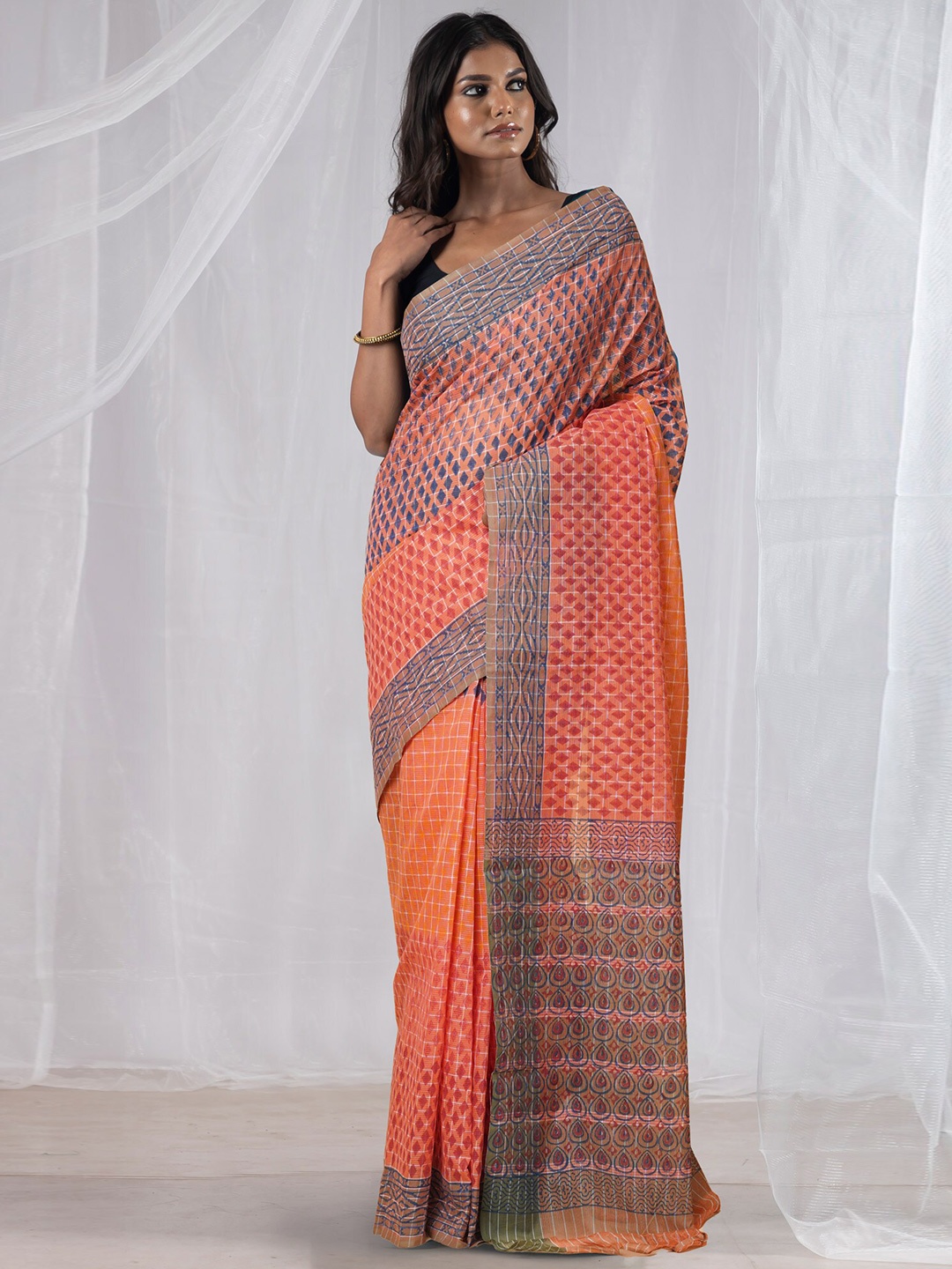 

Unnati Silks Ethnic Motifs Pure Cotton Handloom Mangalagiri Saree, Orange