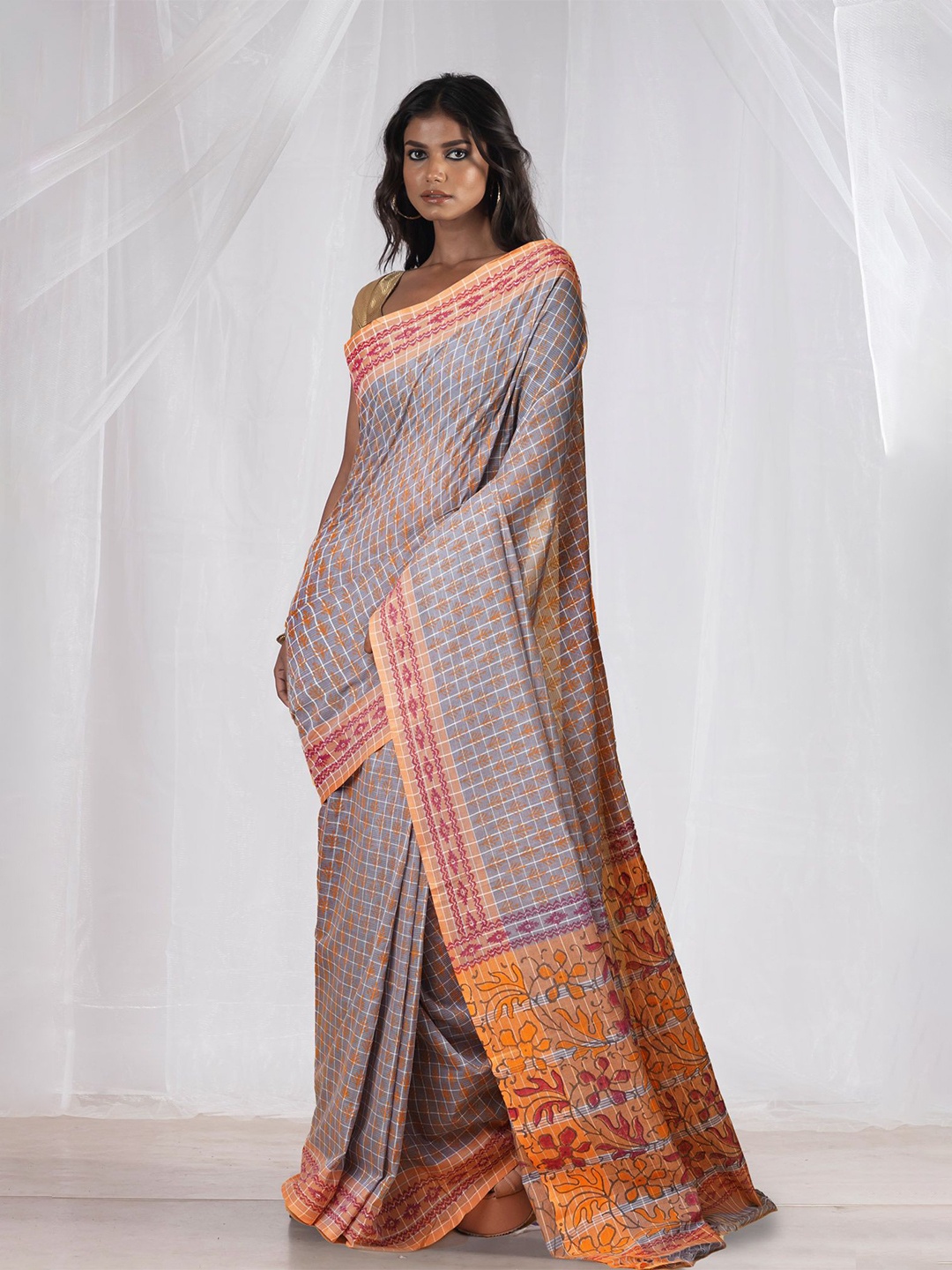 

Unnati Silks Ethnic Motifs Pure Cotton Handloom Mangalagiri Saree, Grey