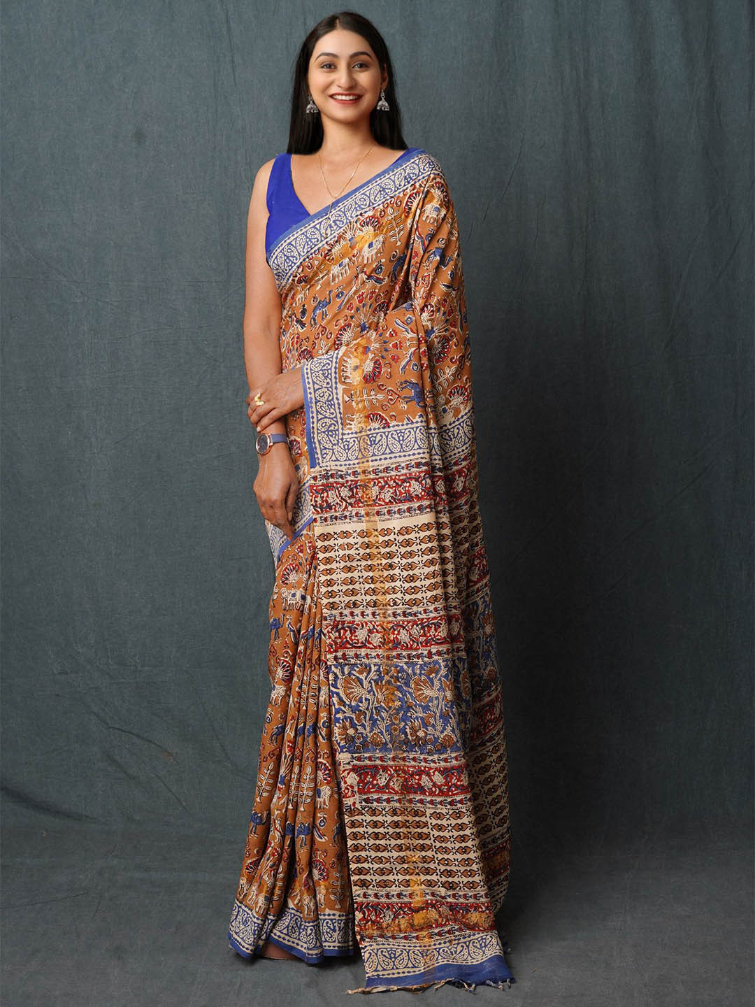 

Unnati Silks Ethnic Motifs Printed Pure Cotton Handloom Bagru Saree, Brown