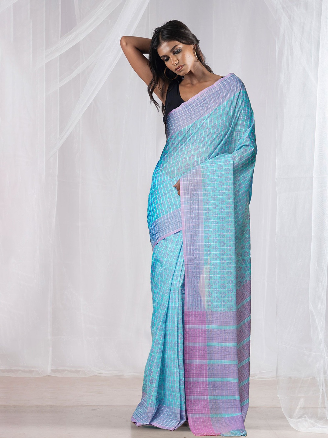 

Unnati Silks Ethnic Motifs Pure Cotton Handloom Mangalagiri Saree, Blue