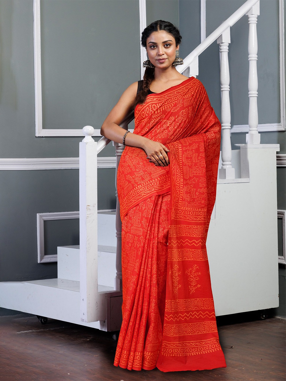 

Unnati Silks Ethnic Motifs Pure Cotton Handloom Block Print Saree, Red