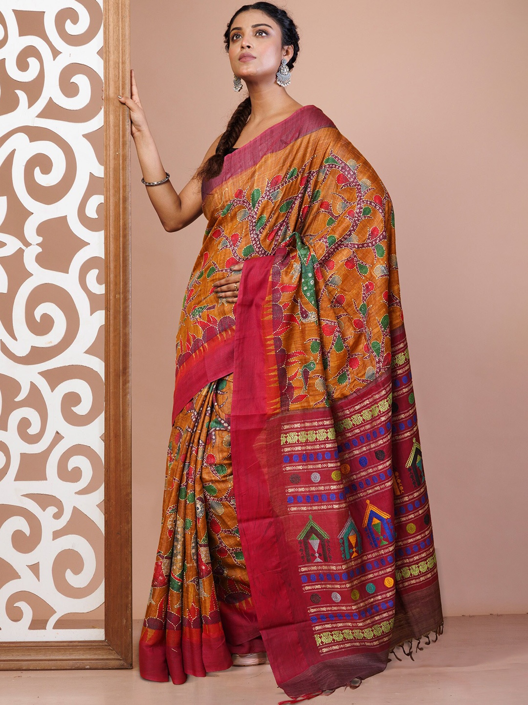

Unnati Silks Ethnic Motifs Kantha Work Pure Silk Handloom Tussar Saree, Yellow