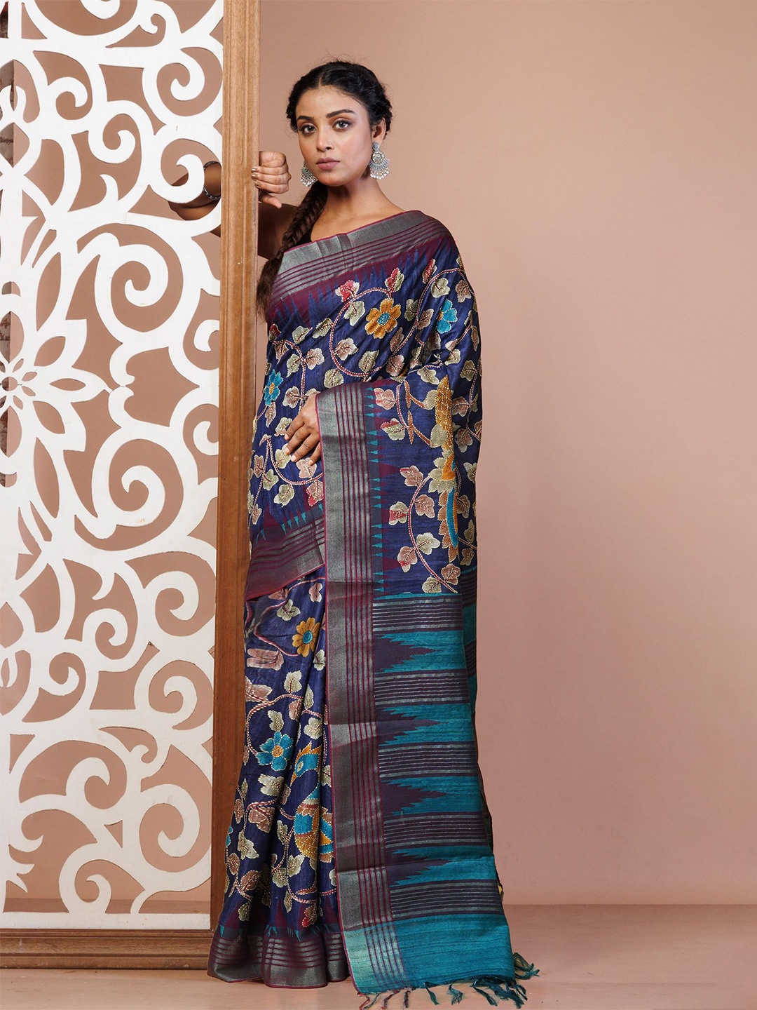 

Unnati Silks Ethnic Motifs Kantha Work Pure Silk Handloom Tussar Saree, Blue