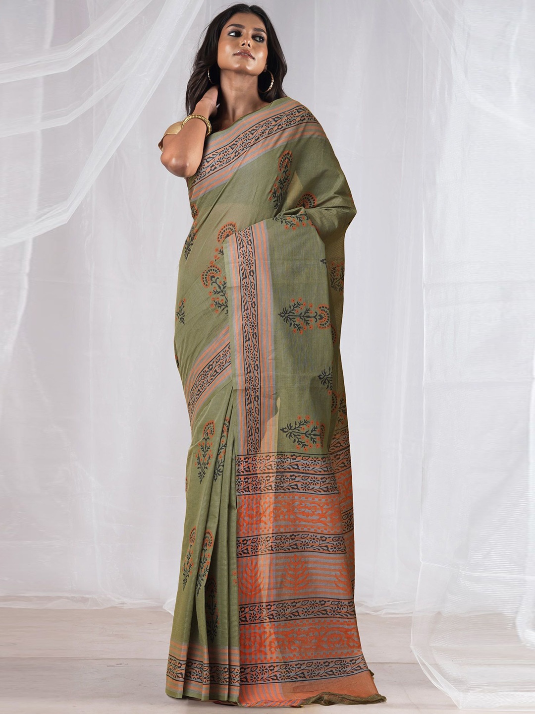 

Unnati Silks Ethnic Motifs Pure Cotton Handloom Mangalagiri Saree, Green