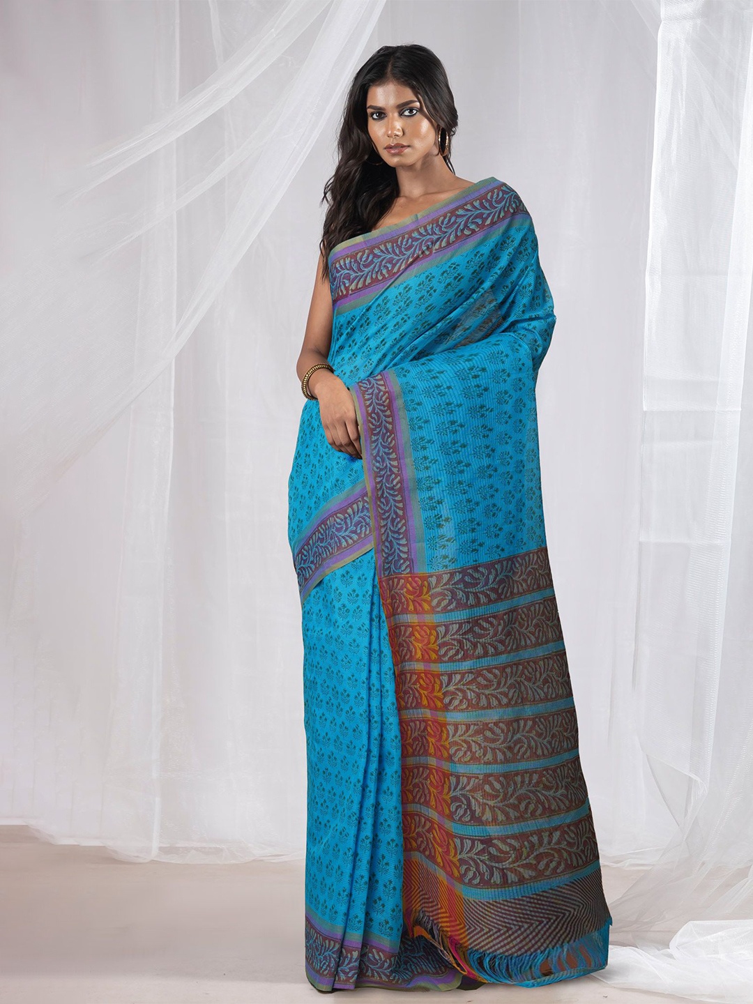 

Unnati Silks Ethnic Motifs Pure Cotton Handloom Mangalagiri Saree, Blue