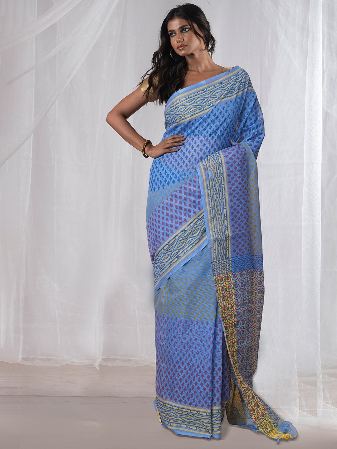 

Unnati Silks Pure Cotton Handloom Mangalagiri Saree, Blue