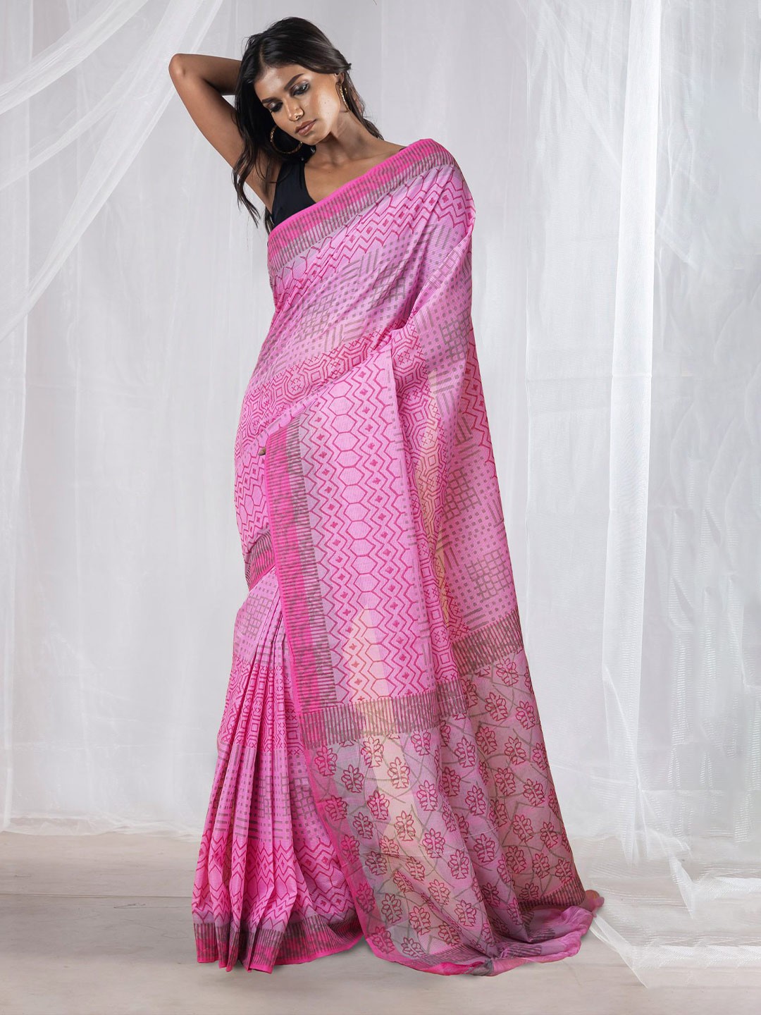 

Unnati Silks Ethnic Motifs Pure Cotton Mangalagiri Saree, Pink