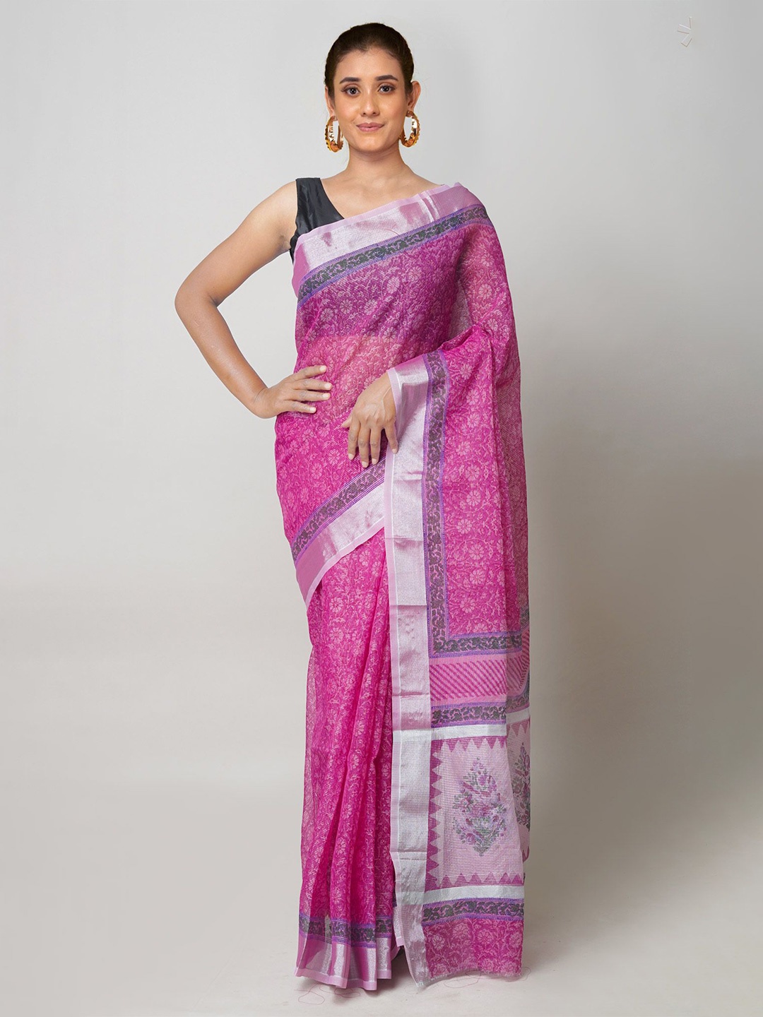 

Unnati Silks Ethnic Motifs Zari Silk Cotton Handloom Kota Saree, Pink