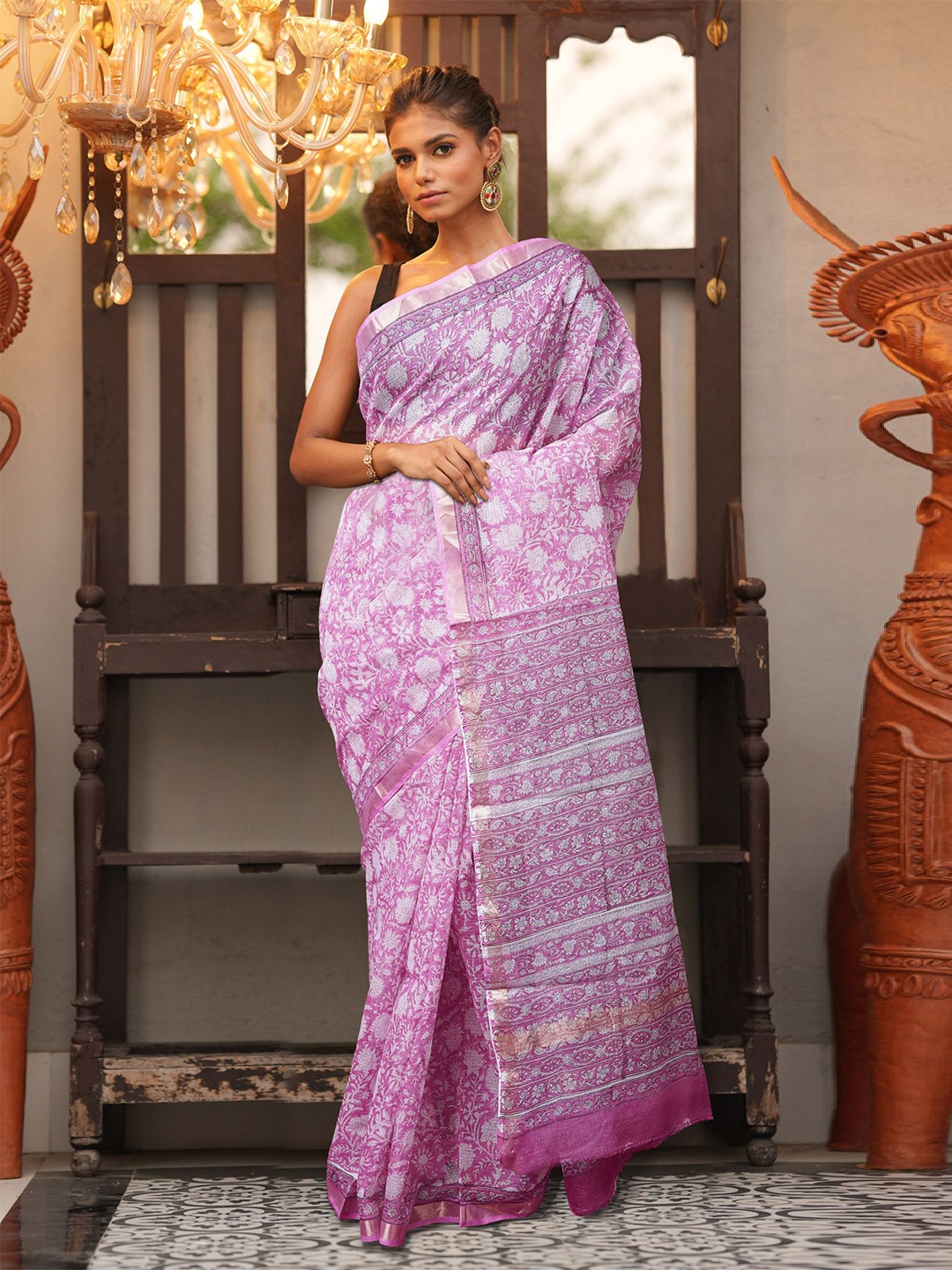 

Unnati Silks Ethnic Motifs Zari Pure Cotton Handloom Kota Saree, Purple