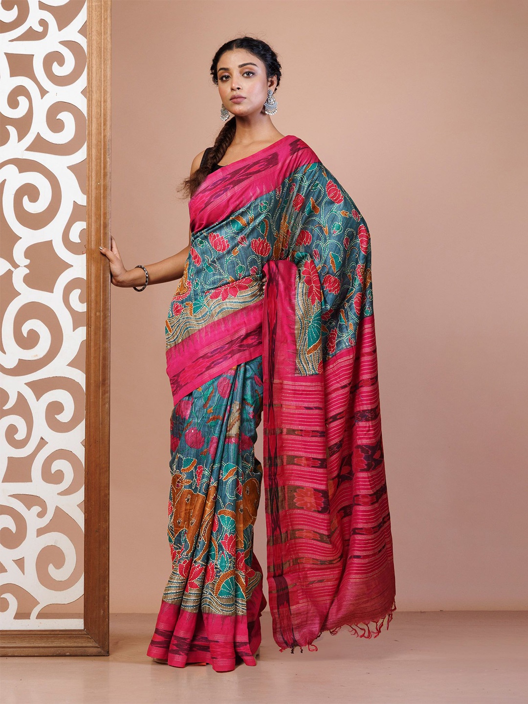 

Unnati Silks Ethnic Motifs Kantha Work Pure Silk Handloom Tussar Saree, Pink