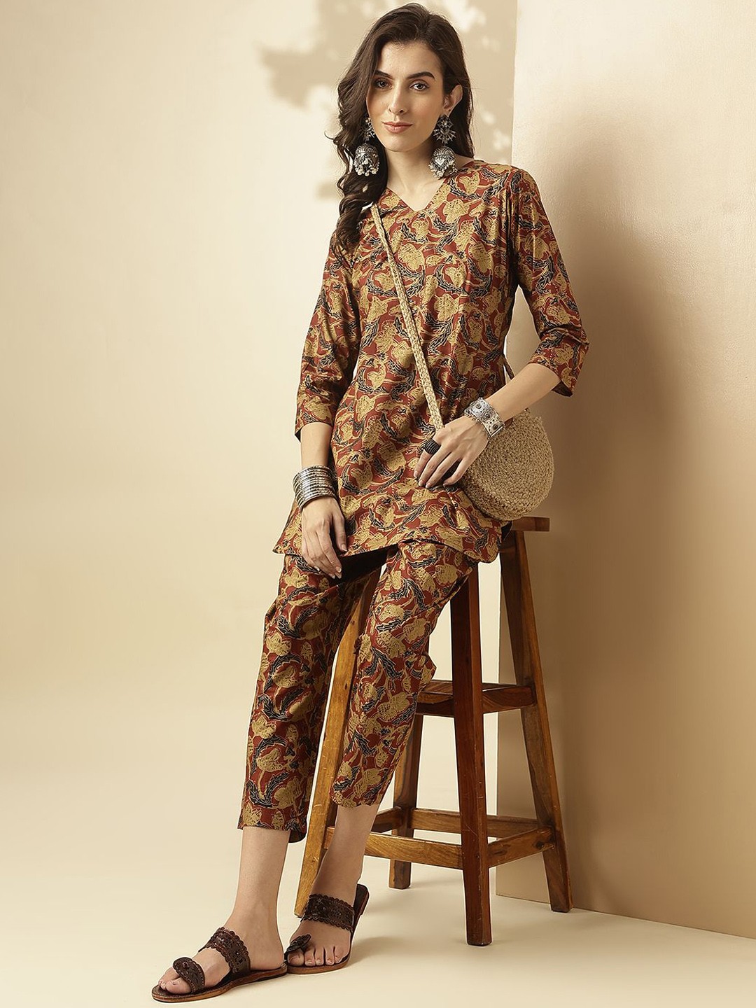 

KALINI Floral Printed V-Neck Tunic With Trousers, Maroon