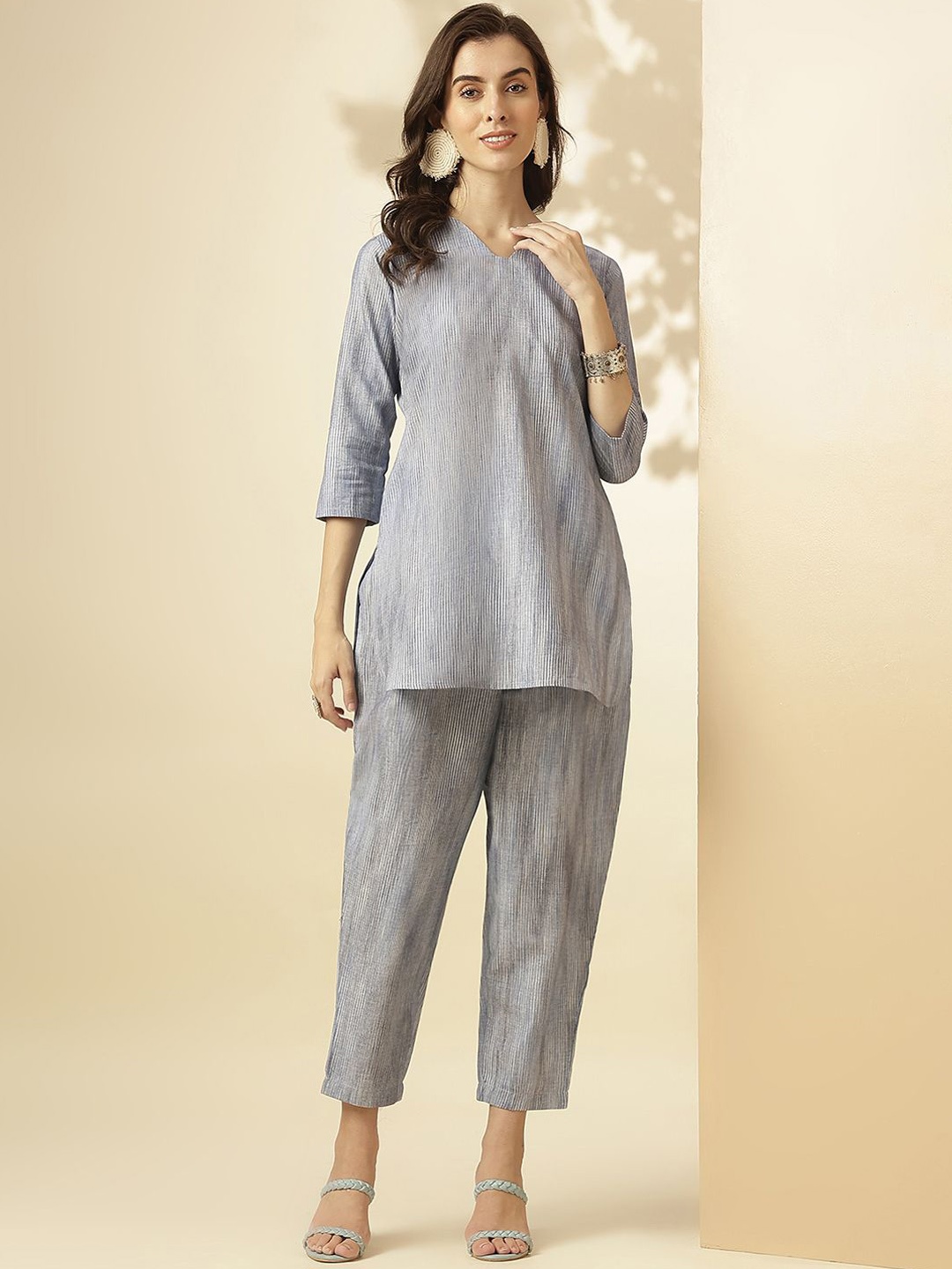 

KALINI Vertical Striped V-Neck Three-Quarter Sleeves Pure Cotton Tunic With Trousers, Grey