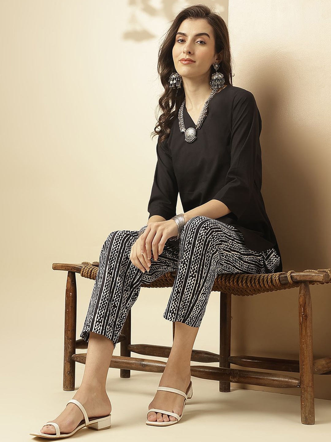 

KALINI V-Neck Tunic With Printed Trousers, Black