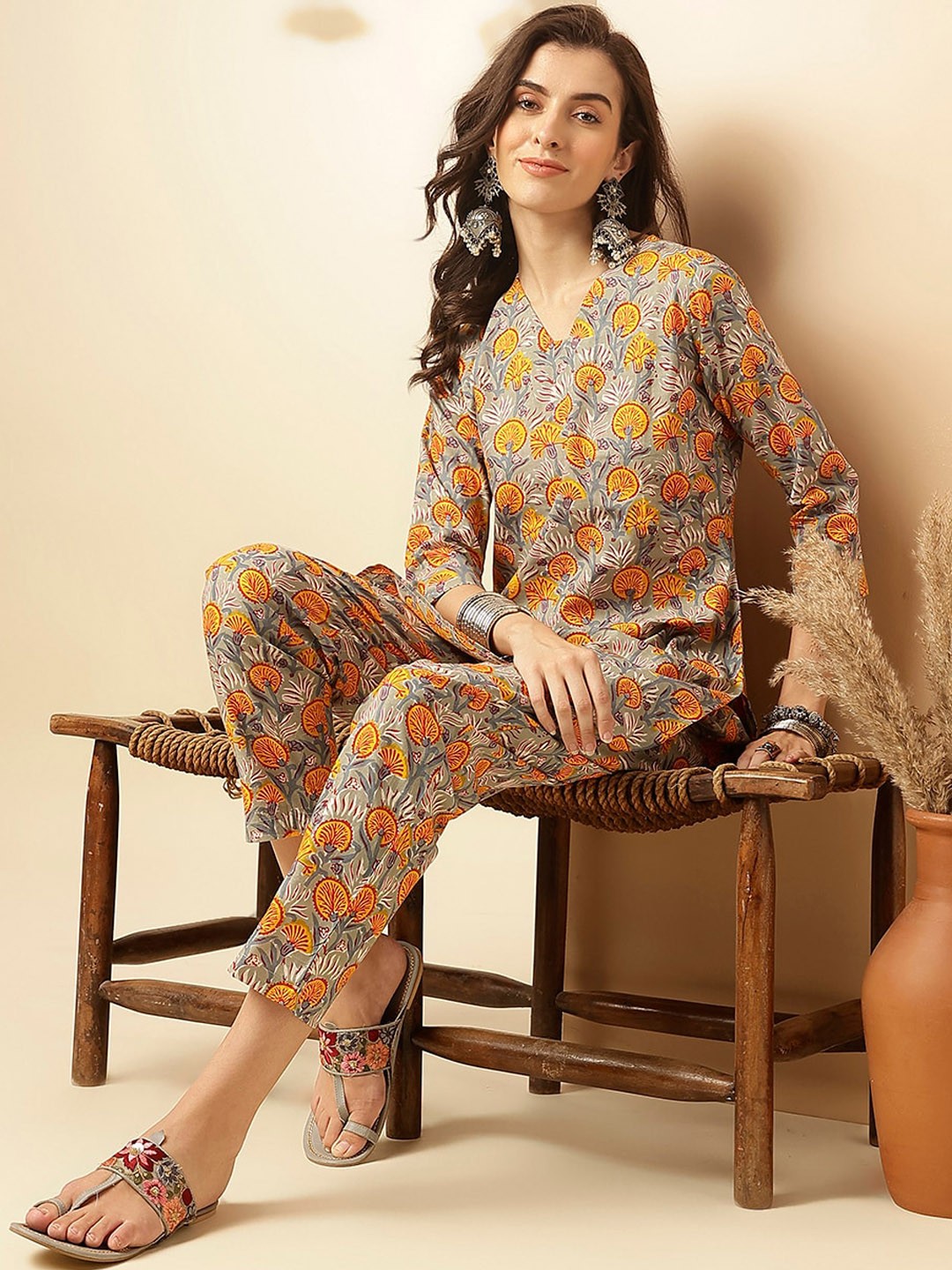 

KALINI Floral Printed V-Neck Tunic With Trousers, Grey