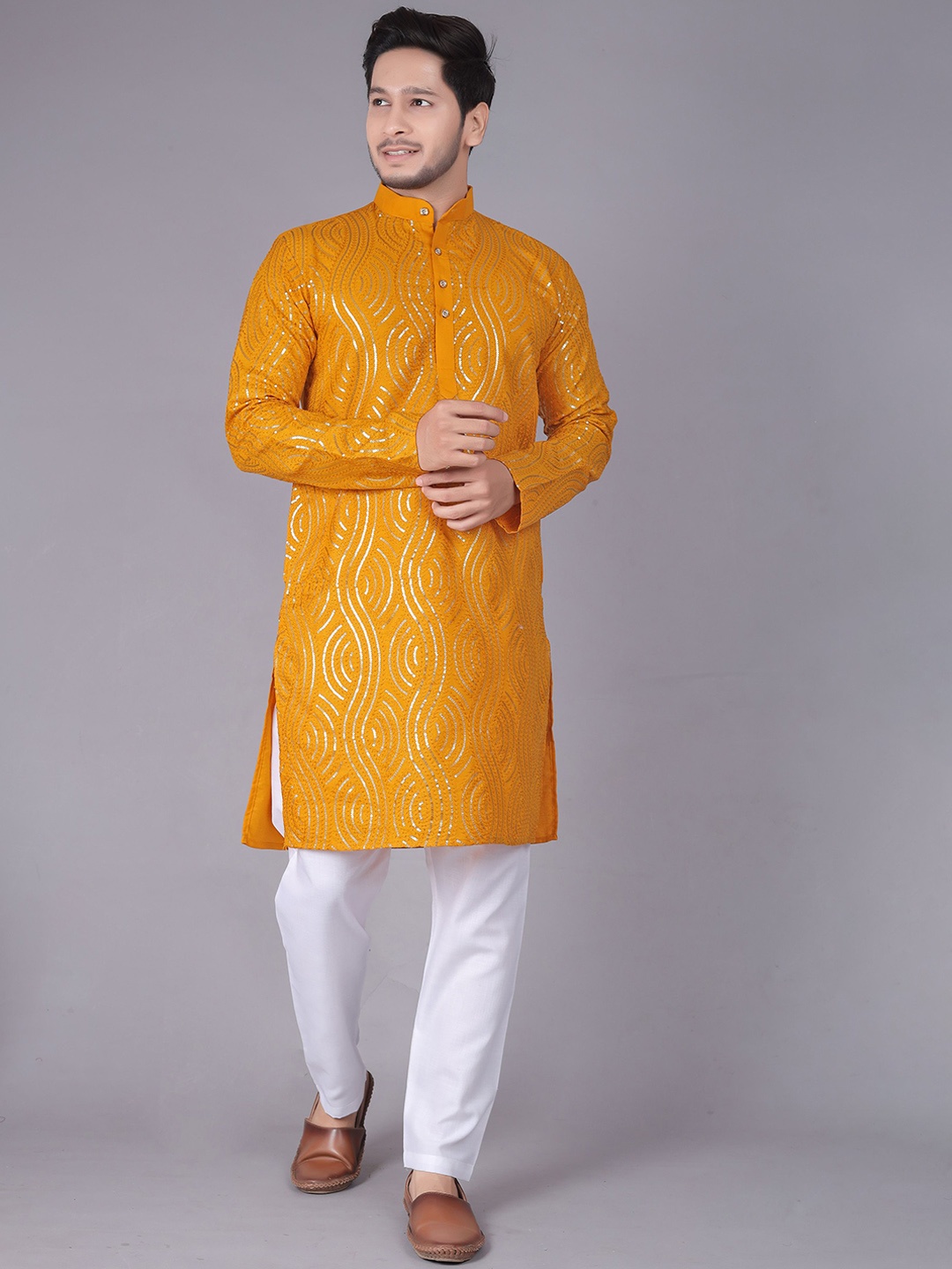

amzira Sequinned Embroidered Cotton Kurta With Trousers, Yellow