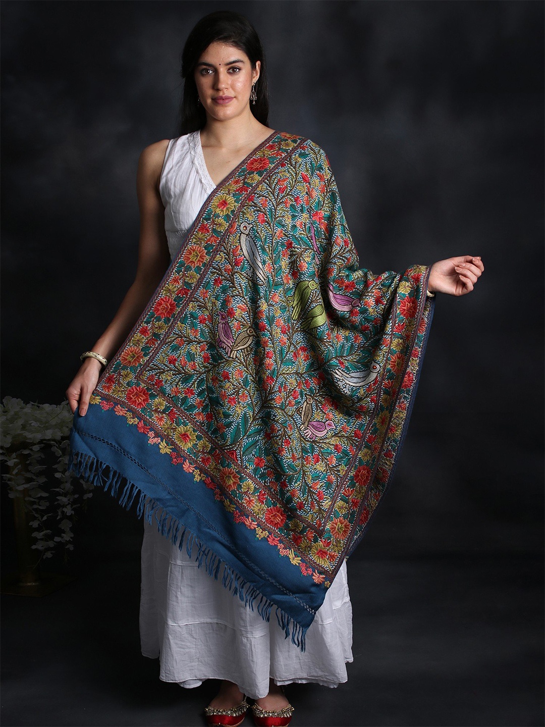 

Exotic India Royal Blue Aari-Embroidered Animals Woolen Stole