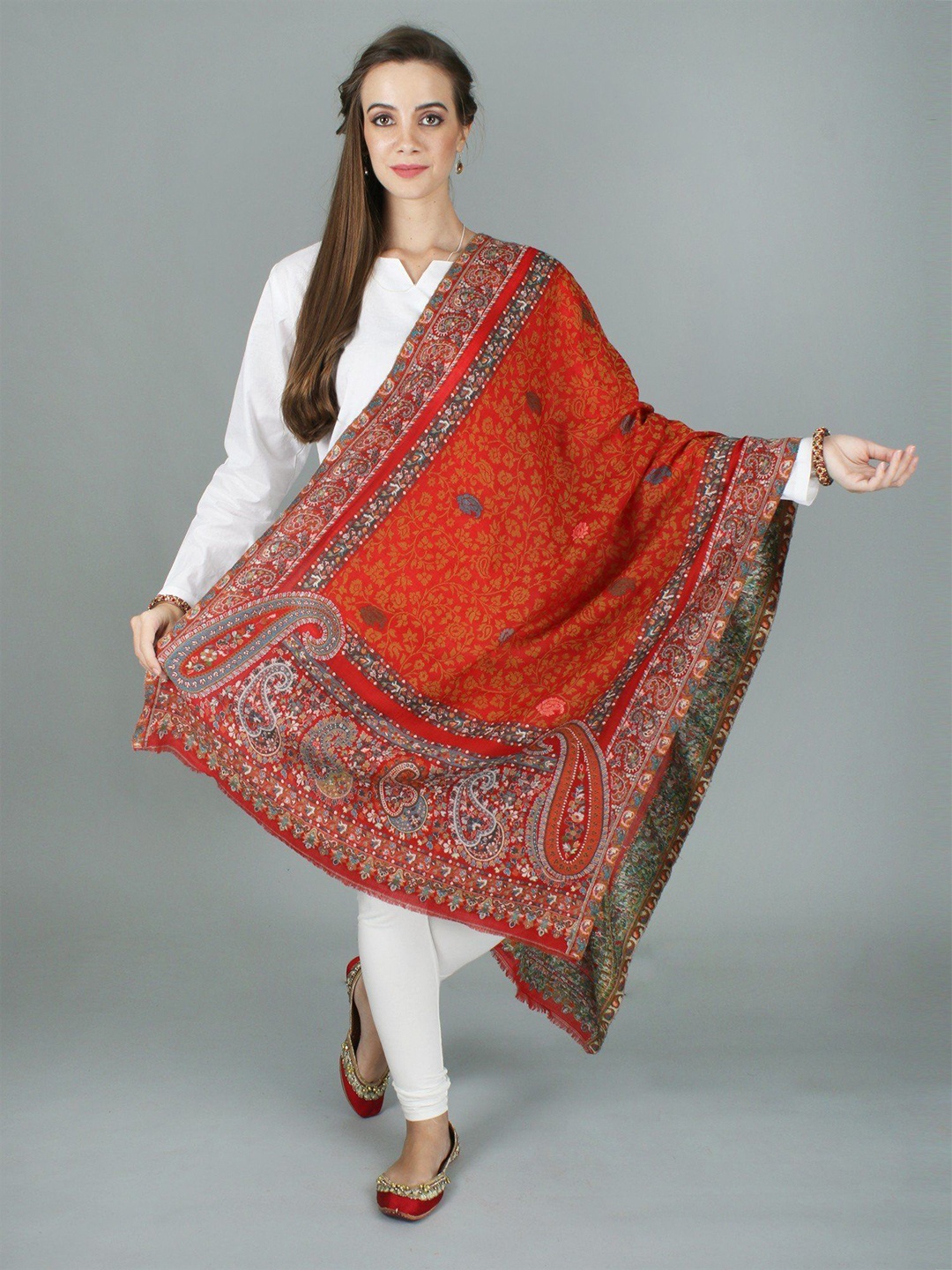 

Exotic India Goji Berry Pure Wool Jamawar Kashmiri Stole with Floral and Giant Paisleys, Orange