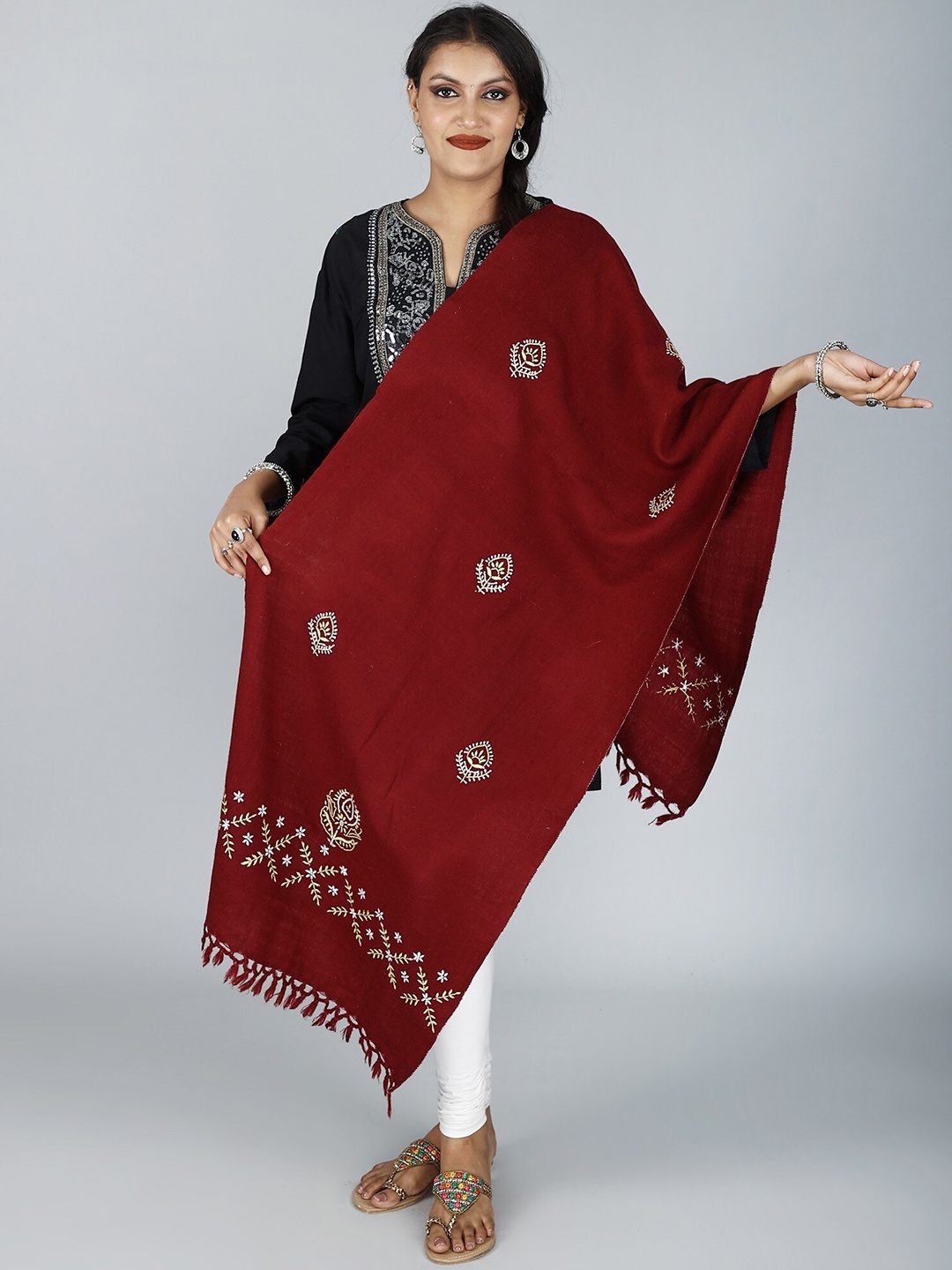 

Exotic India Handwoven Pure Wool Stole With Floral Embroidery and Tassels, Maroon