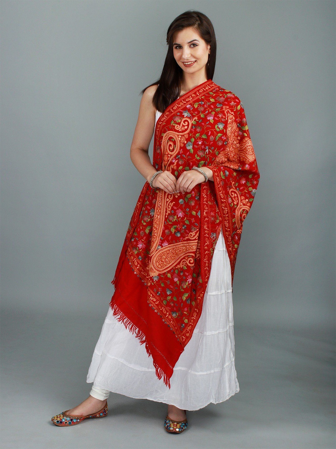 

Exotic India Paisley Embroidered Woollen Stole, Red