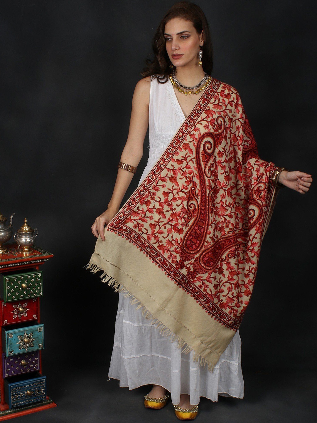 

Exotic India Tan Kashmiri Stole with Aari-Hand-Embroidered Floral and Giant Paisleys, Beige