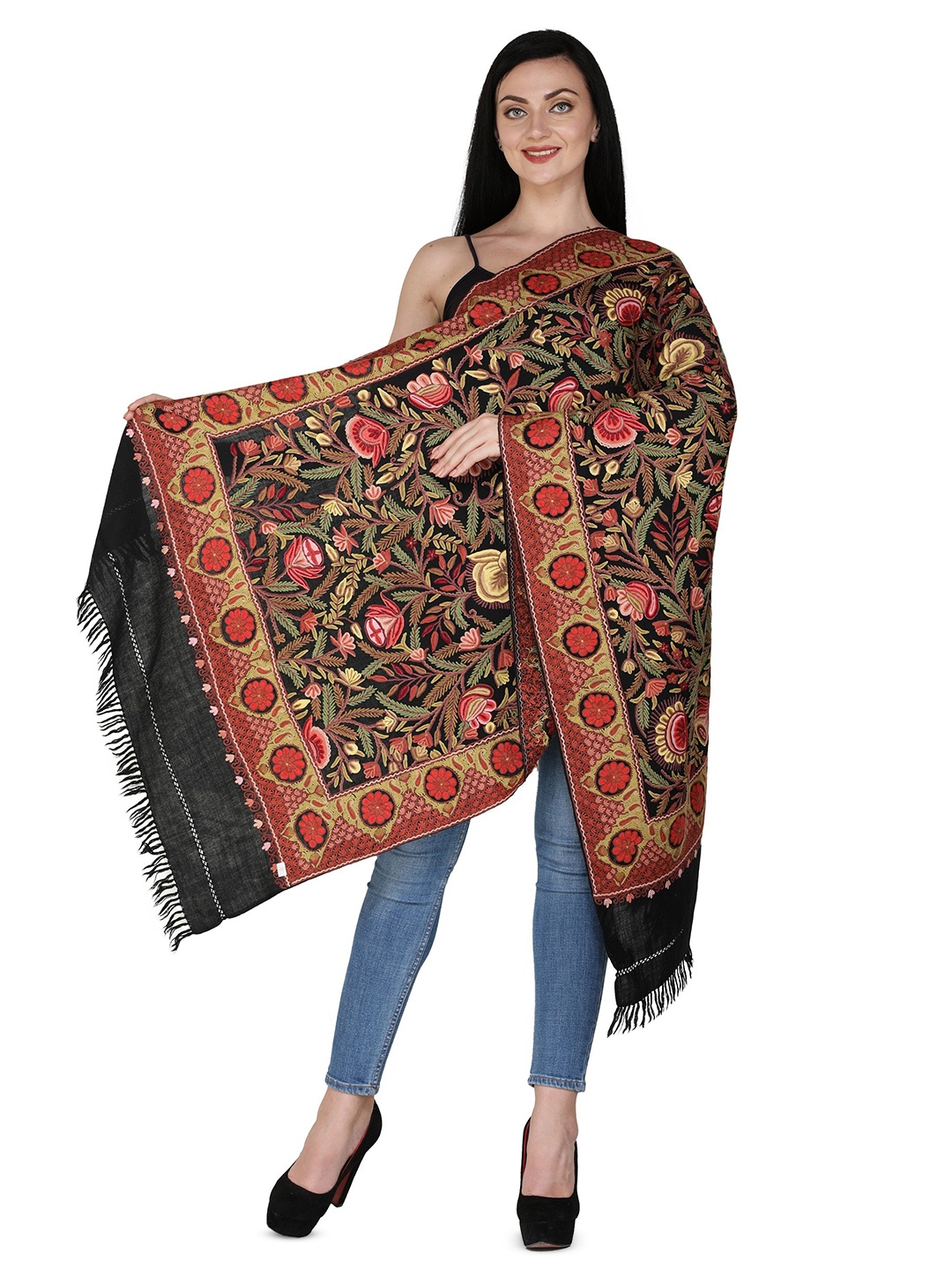 

Exotic India Forest River Aari Hand Embroidered Flowers and Paisleys Kashmiri Stole, Black