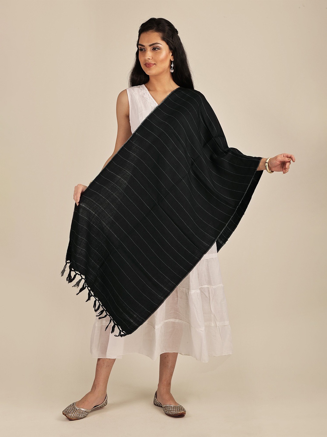 

Exotic India Jet Black Handwoven Pure Wool Stripe Pattern Stole