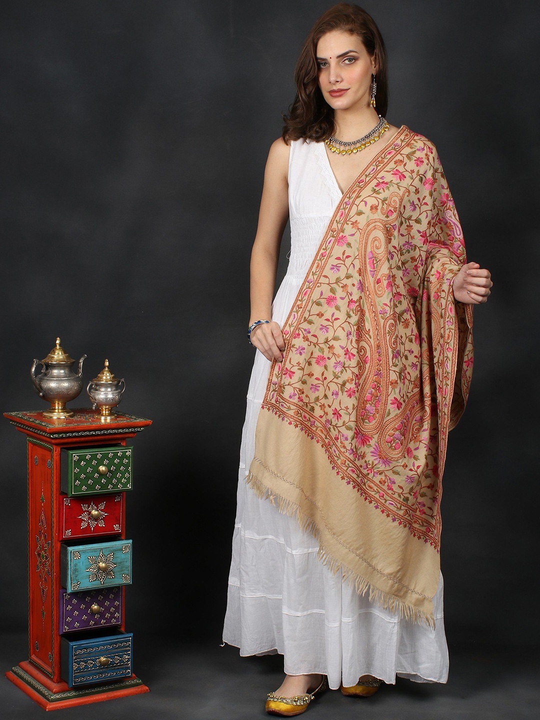 

Exotic India Brown Kashmiri Stole with Aari-Hand-Embroidered Floral and Giant Paisleys, Beige