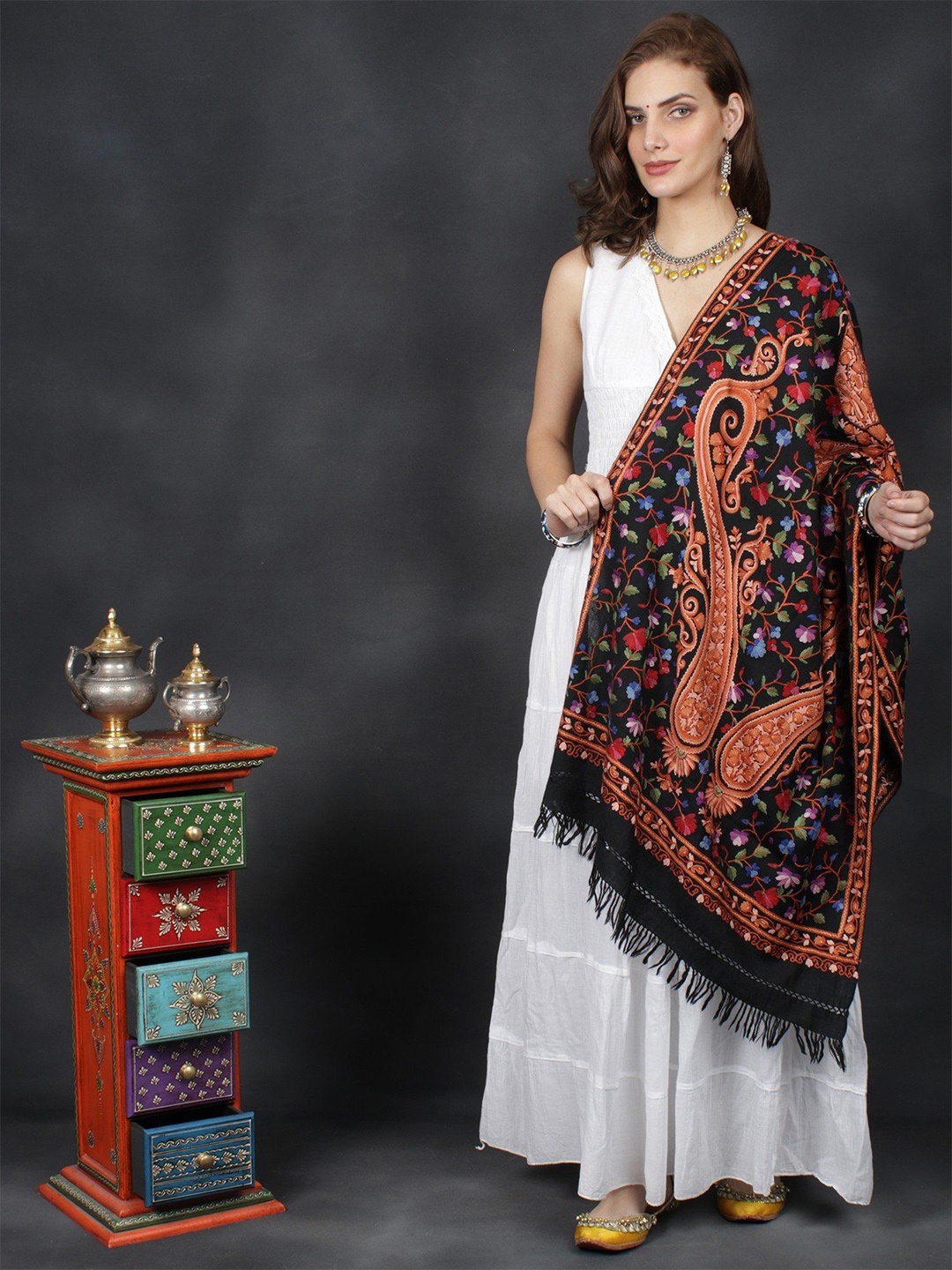 

Exotic India Caviar Black Kashmiri Stole with Aari-Hand-Embroidered Floral & Giant Paisley
