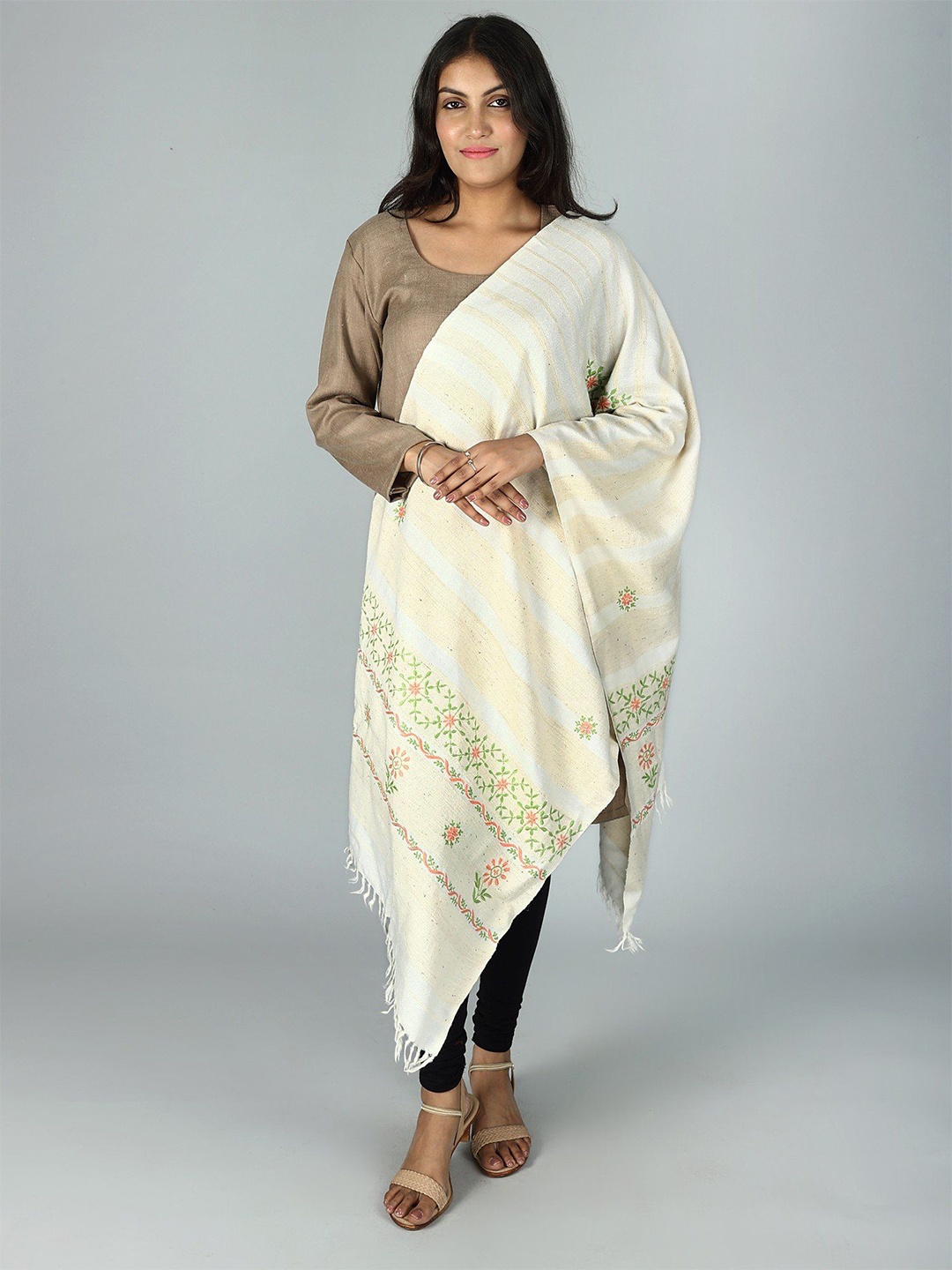 

Exotic India Handwoven Stole with Woven Stripes and Floral Hand Embroidery, Off white