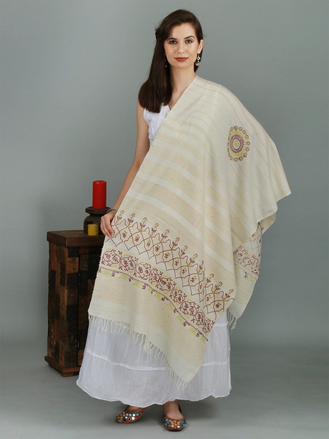 

Exotic India Handwoven Stole with Woven Stripes and Floral Hand Embroidery, Off white