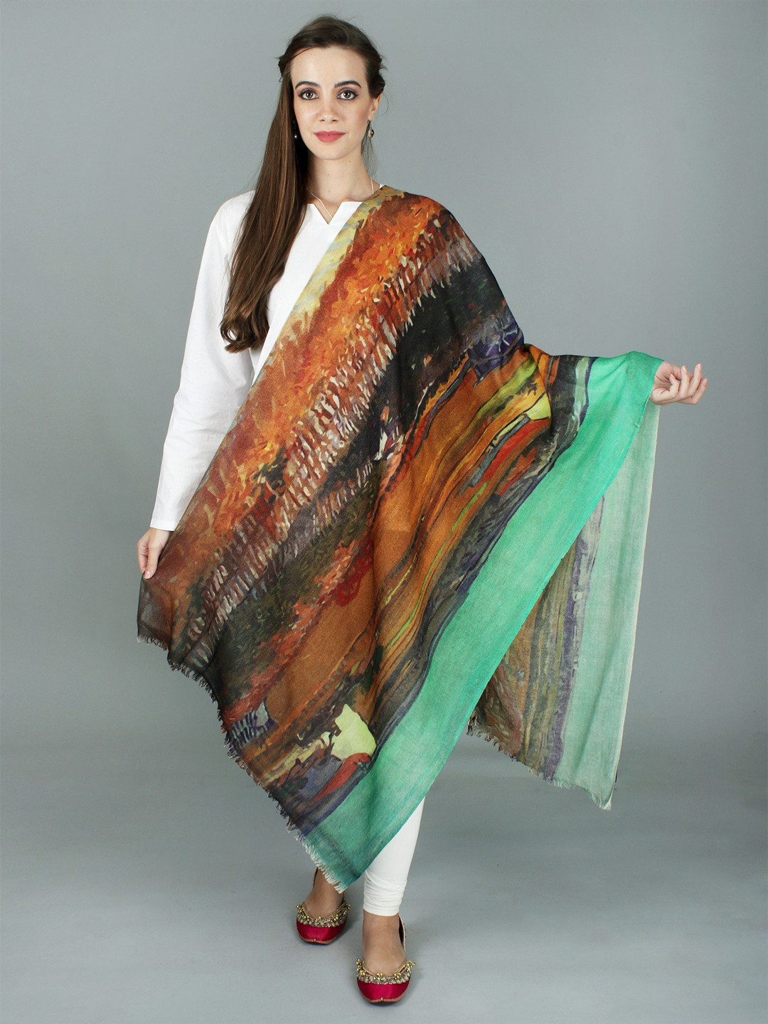 

Exotic India Digital Printed Multicolor Pure Wool Stole Depicting Countryside Meadow, Red