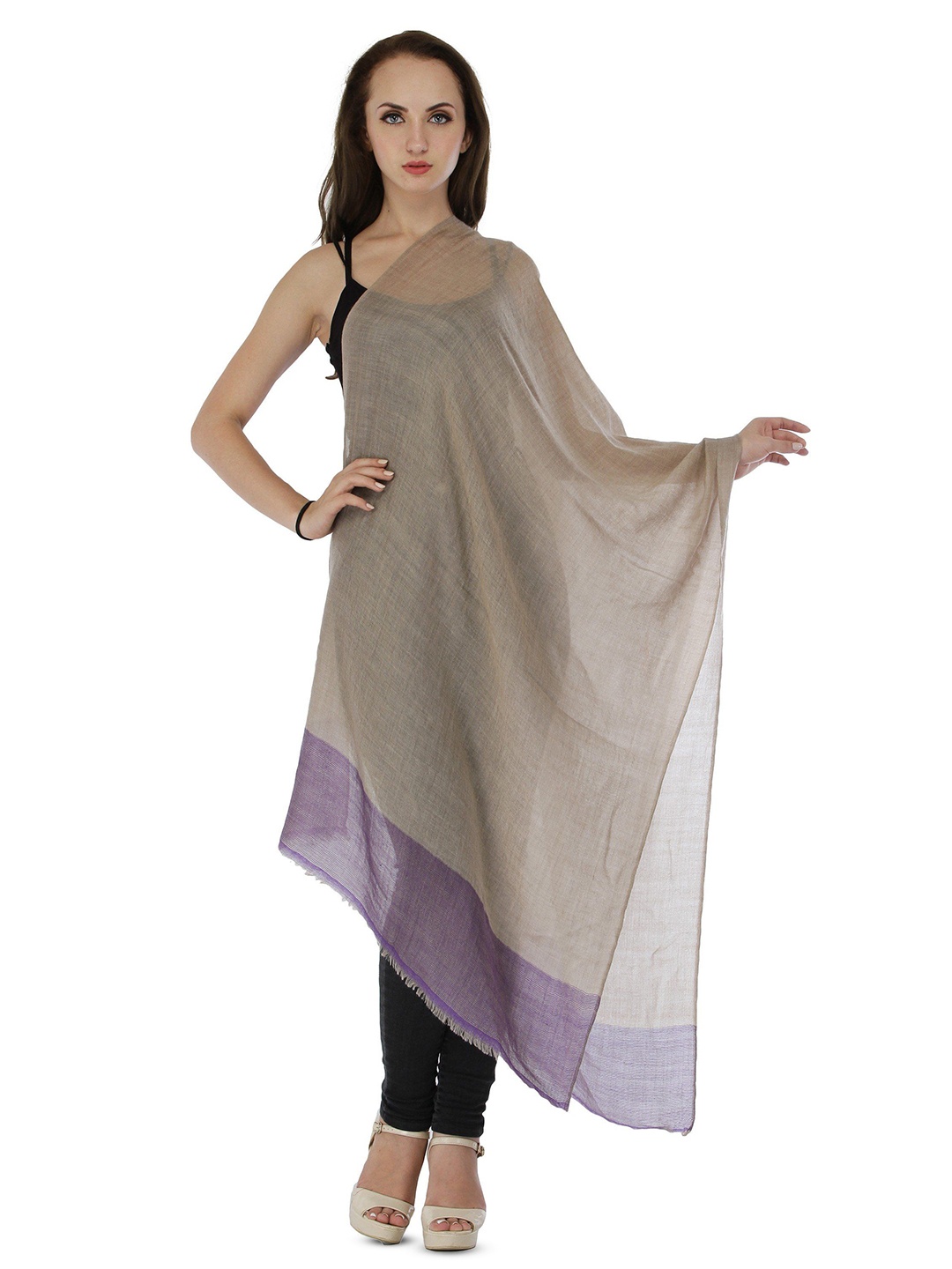 

Exotic India Savannah Tan Contrast Purple Broad Border Pashmina Woolen Stole, Beige