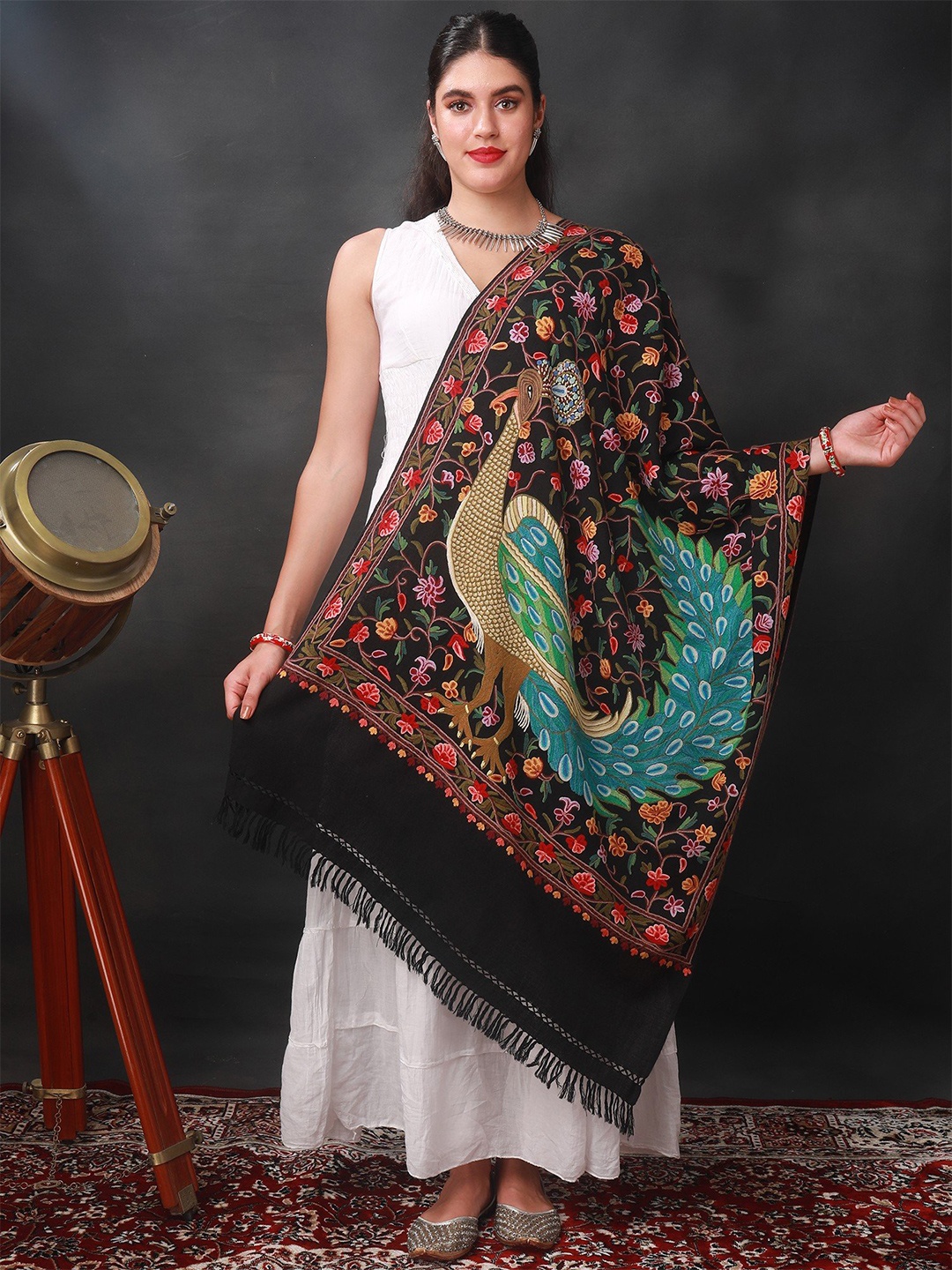 

Exotic India Aari Embroidered Stole, Black